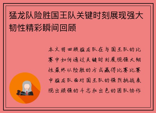 猛龙队险胜国王队关键时刻展现强大韧性精彩瞬间回顾