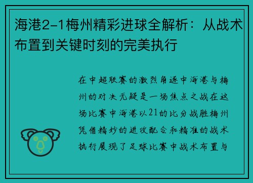海港2-1梅州精彩进球全解析：从战术布置到关键时刻的完美执行